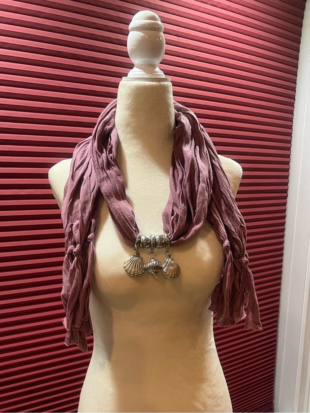 Stylish Mauve Scarf Necklace with Silver Shell Charms